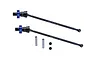 Two black GPM carbon steel CVD driveshafts with blue aluminium wheel hexes, including two metal pins and two grub screws on a white background.