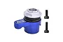 A blue GPM Racing 25T aluminium servo horn with a built-in servo saver mechanism, accompanied by two black mounting screws.