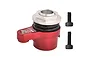 A red GPM Racing aluminium 25T servo horn with a built-in servo saver mechanism, accompanied by two black socket head screws against a white background.