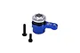 A blue GPM Racing 20T aluminium servo horn with a built-in servo saver and two black mounting screws on a white background.