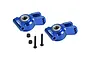 Two blue anodized aluminium RC rear hubs from GPM Racing, including two black screws and two lock nuts, isolated on a white background.