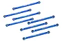 A set of eight blue anodized aluminium RC suspension link bars with ball ends, featuring GPM Racing branding and length markings.