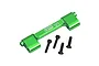 A green anodized aluminium upper centre brace bar by GPM Racing with four black mounting screws on a white background.