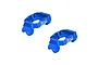 A pair of blue anodized aluminium C-hub carriers for RC vehicles by GPM Racing, shown against a white background.