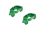 A pair of green anodized aluminium C-hub carriers for RC cars by GPM Racing, shown from an angled perspective on a white background.