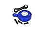 GPM Racing blue aluminium 25T servo horn with servo saver, black linkage arm, and three mounting screws on a white background.