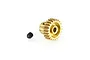A brass 23-tooth 0.6 module pinion gear for RC cars, shown with a small black grub screw on a white background.
