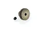 A steel pinion gear with 26 teeth and a separate black grub screw on a white background.