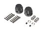 Two black aluminium 12mm wheel hub adapters with screws, nuts, and spacers for RC cars.