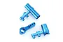 Three blue anodised aluminium RC steering components on a white background.