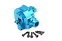 A blue anodized aluminium RC gearbox case with five black metal screws arranged in front on a white background.