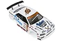 A white 1/10 scale RC drift car body shell with Valour and HSP branding, featuring various racing decals and a black rear spoiler on a white background.
