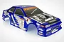 A blue 1/10 scale RC car body shell with racing decals and stickers, featuring a drift-style design on a white background.