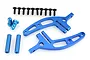HSP blue aluminium wing stay set including two curved blue metal wing mounts, two blue cylindrical posts, and ten black screws on a white background.