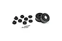 Two black Pro-Line short course RC rims with multiple hex adapters and small mounting screws on a white background.