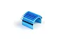 A blue anodized aluminum motor heat sink for 1/16 scale RC cars, featuring a curved design with cooling fins.