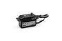 Yeah Racing Hackgear low profile digital servo in black aluminium with metal gear output shaft and attached wiring harness.