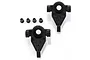 Two black plastic RC steering hubs and four small black bushings arranged on a white background.