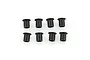 Eight small black flanged bushings arranged in two rows of four on a white background.