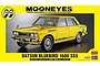A box art image for a Hasegawa 1/24 scale Datsun Bluebird 1600 SSS Mooneyes model kit, featuring a yellow car with Mooneyes branding.