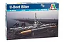 Italeri 1/35 scale Biber midget submarine plastic model kit box, featuring artwork of a camouflaged submarine with two naval officers on a dock.