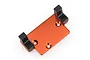 An orange anodized metal servo mount plate with two black plastic mounting brackets attached, viewed from above on a white background.