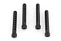 Four black plastic RC car body posts with multiple adjustment holes, arranged vertically on a white background.
