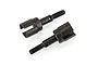 Two dark metal HSP wheel axles for RC cars, featuring a threaded end and a slotted cup end, isolated on a white background.