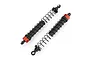 Two assembled RC shock absorbers with black springs, black plastic bodies, and red anodized aluminum caps on a white background.