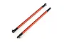 Two orange anodized aluminum RC suspension linkages with black plastic rod ends and metal pivot balls on a white background.