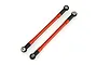 Two orange anodized aluminum RC suspension linkages with black plastic rod ends on a white background.