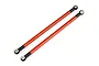Two orange anodized metal RC suspension linkages with black plastic rod ends on a white background.