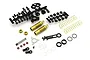 Kyosho 1/10 scale gold rear shock set including shock bodies, springs, plastic parts trees, and hardware on a white background.