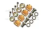 A set of four GPM Racing brass 12mm wheel hexes with 9mm offset, including pins, nuts, and washers on a white background.