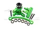 GPM Racing green anodized aluminium steering assembly set with servo saver, including screws and bearings, on a white background.