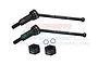 Two black metal CVD driveshafts with 59.5mm markings, two black aluminium wheel hexes, and two small washers on a white background.
