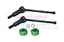 Two black carbon steel RC rear CVD driveshafts with green aluminium wheel hexes and two small washers on a white background.