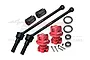 GPM Racing 110mm carbon steel CVD driveshafts with red aluminium wheel hex adapters, bearings, and hardware on a white background.