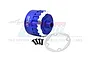 A blue anodized aluminium differential case by GPM Racing with four black screws and a white gasket on a white background.