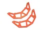 Two orange anodized aluminium main side plates for an RC car, featuring a geometric cutout design with multiple mounting holes.
