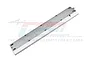 A silver aluminium chassis skid plate for RC cars by GPM Racing, featuring machined mounting holes and engraved branding.