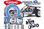 A collection of metal ball bearings with blue rubber seals displayed in front of a Kyosho Turbo Scorpion RC buggy.