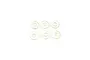 A set of six small, silver-coloured metal washers arranged in two rows of three against a plain white background.