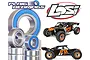 A promotional graphic for Plaig Bearings featuring various metal ball bearings with blue seals alongside two Losi DBXL-E 2.0 RC desert buggies.