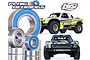 Plaig RC bearing kit for Losi 1/6 Super Baja Rey 2.0 V2, featuring various metal ball bearings with blue rubber seals and images of the RC truck.