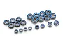 A collection of various sized metal ball bearings with blue rubber seals arranged on a white background.