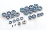 A collection of various sized metal ball bearings with blue rubber seals arranged on a white background.