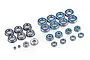 A collection of various sized metal ball bearings with blue rubber seals arranged on a white background.