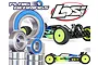 Plaig Bearings kit for Losi TLR 22X-4, featuring various metal ball bearings with blue rubber seals alongside images of a Losi RC buggy.