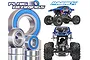 A promotional image for Plaig RC bearing kits featuring various metal ball bearings with blue rubber seals alongside images of a blue Maverick Scout RC truck.